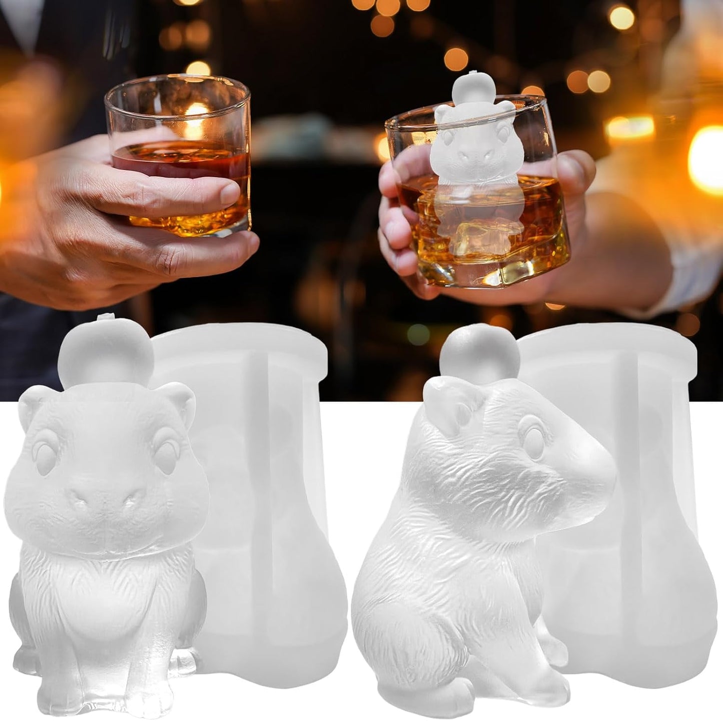 3D Capybara Ice Cube Silicone Molds Tray for Whiskey, Cocktail, Drink Decor, Bar; Rich Details. Cute Gifts for Women Kids Girls Boys, Fun Animal Shape Soap Epoxy Resign Mold; 2 Pack