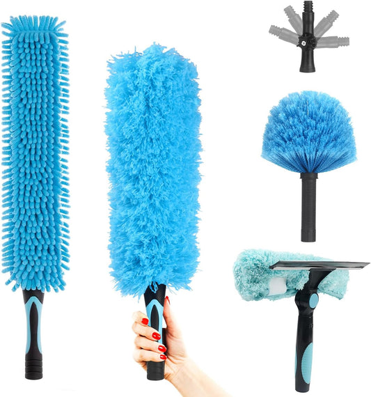 Ceiling Fan Duster Kit – 5-in-1 Bendable & Dual-Sided Heads – Washable Dusters for High Ceiling, Fans, Corners, Glass – Fits Standard ¾ Pole – Blue Cleaning Set