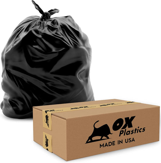 Ox Plastics 60 Gallon Trash Can Liners Bags - 50 Count Capacity & 2mil Thick Extra Heavy Duty Strength -Large Garbage, Leak-Proof & Durable Bag Black