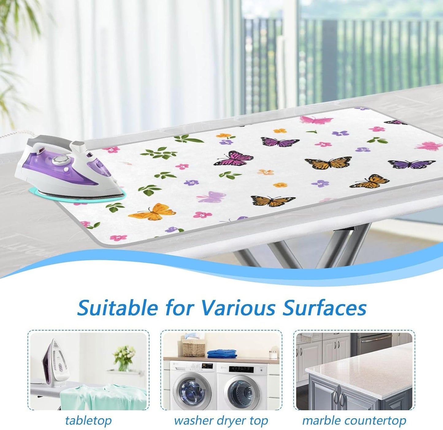 Pretty Butterfly Flower Ironing Mat for Table top Portable Ironing Pad Blanket for Washer Dryer Countertop Travel