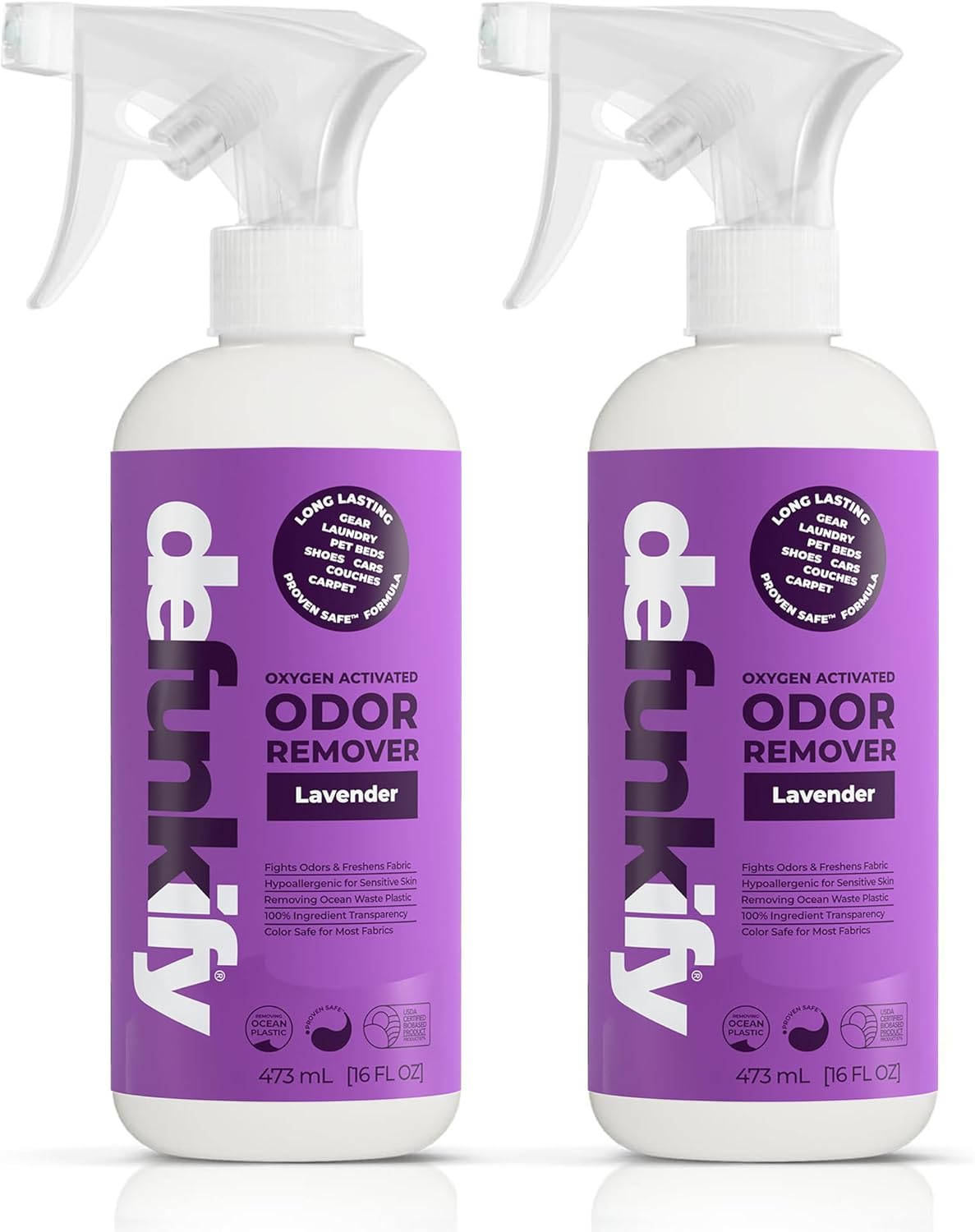 Odor Remover Spray, 16oz (2-Pack). 'Lavender' Essential Oil Odor Eliminator for Strong Odors on Fabric, Shoes, Activewear. 'ProvenSafe' Deodorizer for Pets, Kids & Sensitive Gear w/Ionic Silver