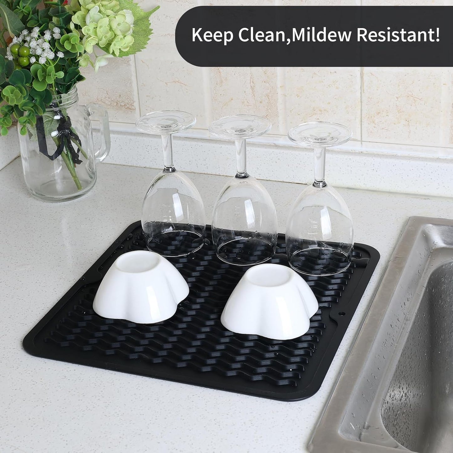 ZLR 2 Pcs Silicone Dish Drying Mats for Kitchen Counter, Eco-Friendly Fast Dry Dish Mat, Easy Clean Multi Usage Drying Matt, Heat Resistant Trivet, 12" x 12" Middle, Black