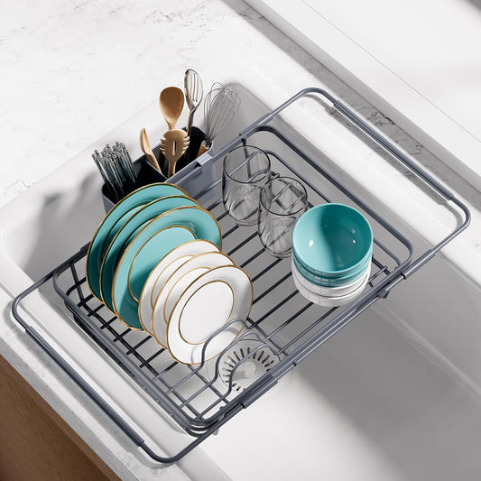 Stainless Steel Dish Drying Rack for Kitchen Counter, Sink Organization and Storage Essentials with Silverware & Utensil Holder, Home and Apartment Decor, 12" W x 16.1~23" L, Silver