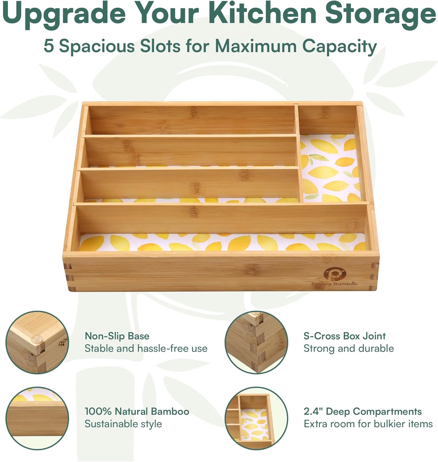 Kitchen Drawer Organizer - Silverware Organizer for Kitchen Organization & Storage, Utensil Holder & Bamboo Organizer for Kitchen Drawers, Kitchen Essentials, 5-Slot, Lemon Print