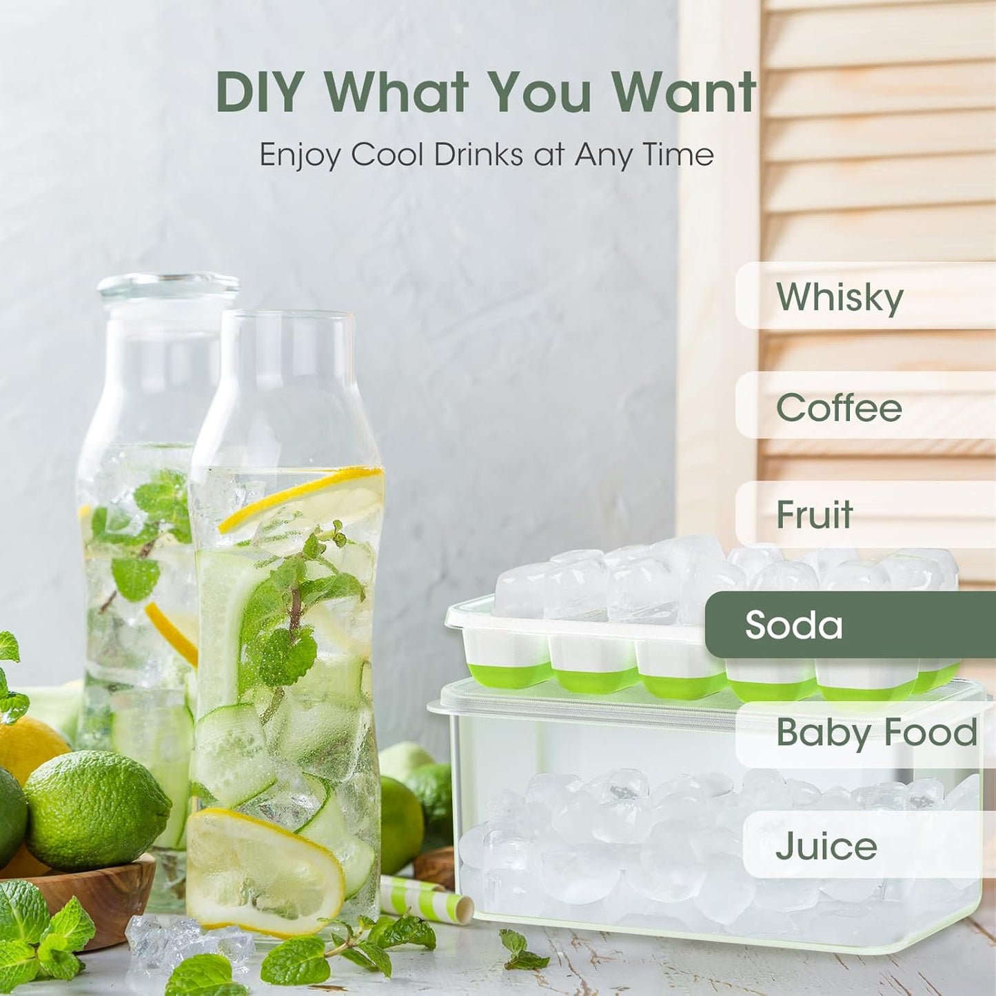 DOQAUS Ice Cube Tray with Lid and Bin, 4 Pack Silicone Plastic Ice Cubes Trays for Freezer with Box/Container, Stackable with Storage Iced Bucket Kits, Scoop, for RV, Soup, Food, Cocktail, Coffee