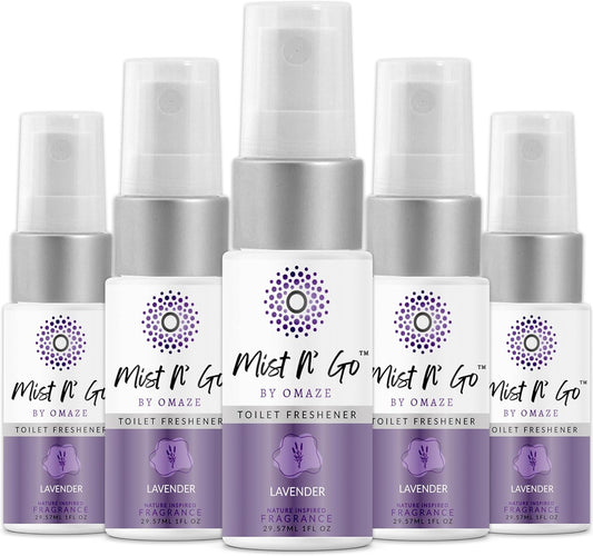 Mist N’ Go by Omaze Travel Bathroom Spray for Toilet Spray Odor Eliminator - Travel Toilet Spray for Bathroom Air Freshener Spray for Bathroom Deodorizer - Lavender Travel Size (1oz x5)