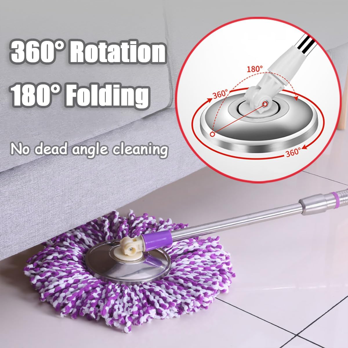 Extended Spin Mop Replacement Mop Handle, Upgraded 60-inch 360 Degrees Rotating Telescopic Replacement Mop Stick for Spin Mop Bucket Cleaning System Floor Cleaning (Plastic Disc, Khaki)