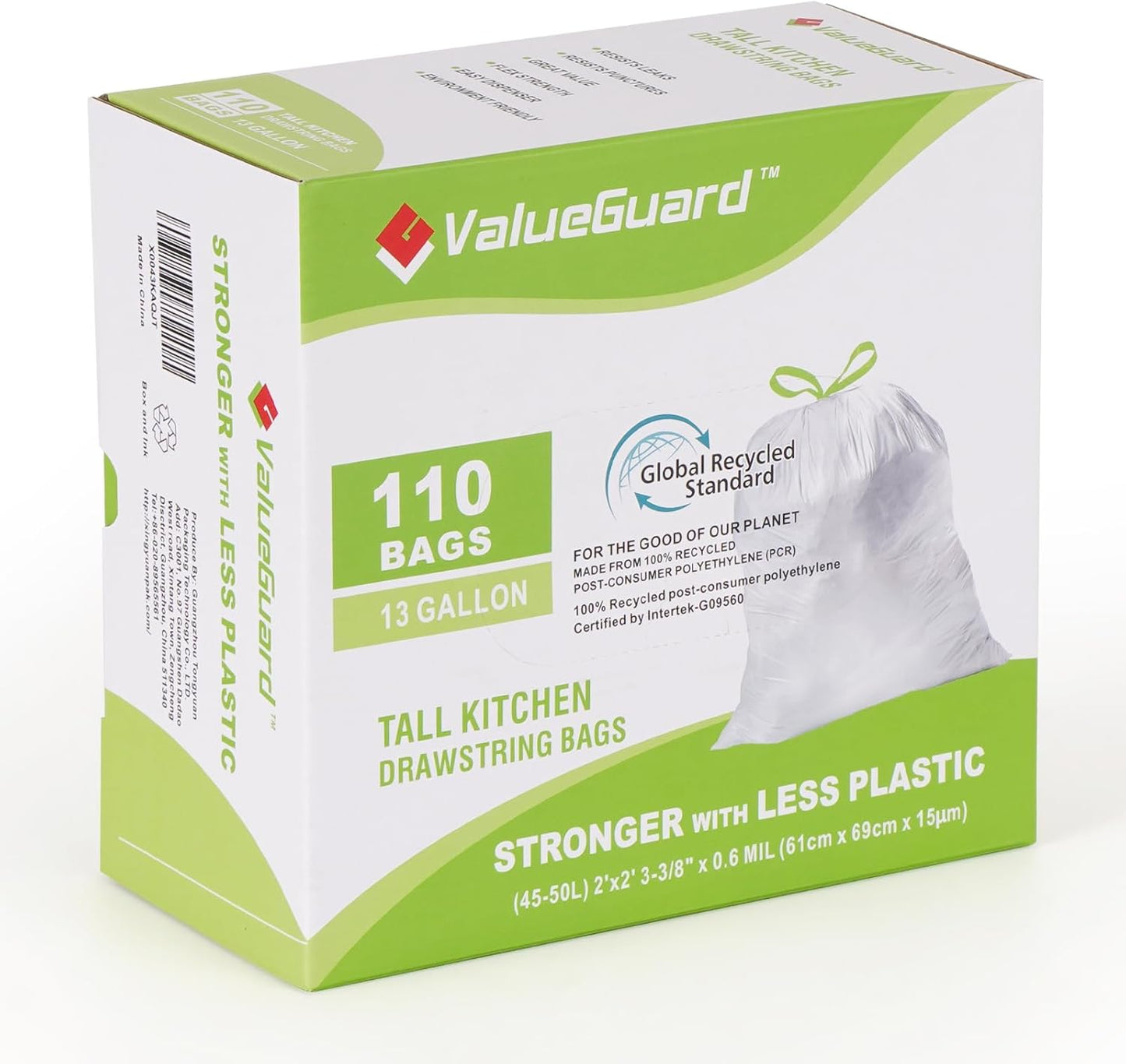 Large Trash Bags 13 Gallon Tall Kitchen Drawstring 100% Post-Consumer Recycled Garbage Bags Waste Bag for Office 0.6 Mil (110 Count)