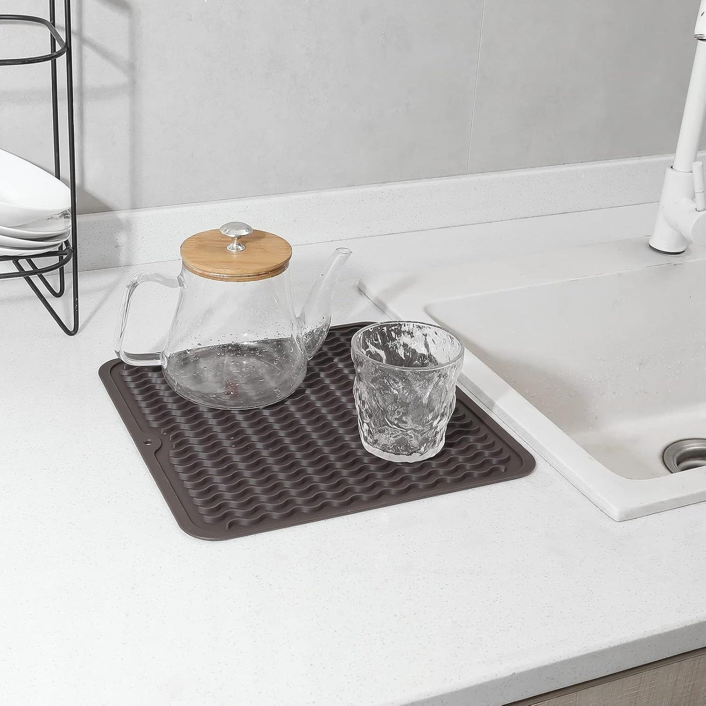 Silicone Dish Drying Mat for Multiple Usage,Easy clean,Eco-friendly,Heat-resistant Silicone Mat for Kitchen Counter or Sink,Refrigerator or Drawer liner Coffee M 12 inches x 12 inches