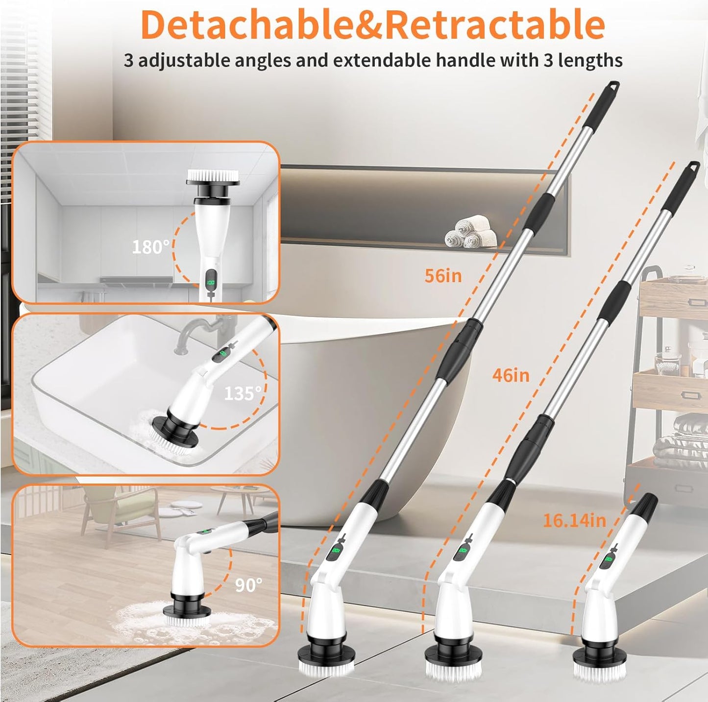 11 in 1 Electric Spin Scrubber Cordless Cleaning Brush 3 Adjustable Angles 2 Adjustable Speeds LED Display Shower Cleaner Brush Supplies Extension Long Handle for Bathroom Floor Tile Toilet Waterproof