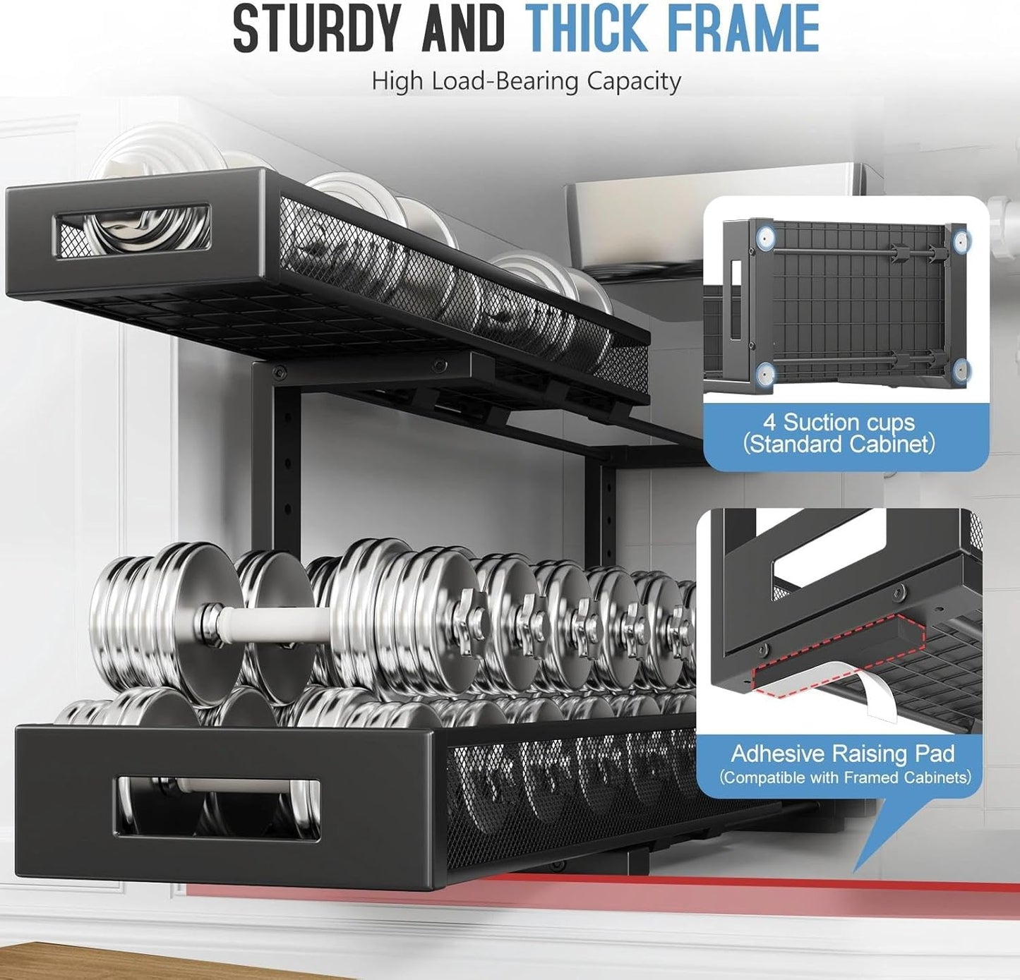 2 Pack 20.47IN Depth Under Sink Storage Organizer, Large 2-Tier Elegant Mesh Pull Out Shelf for Kitchen and Bathroom Cabinet Organization, L-Shaped and Adjustable Height Design-Black