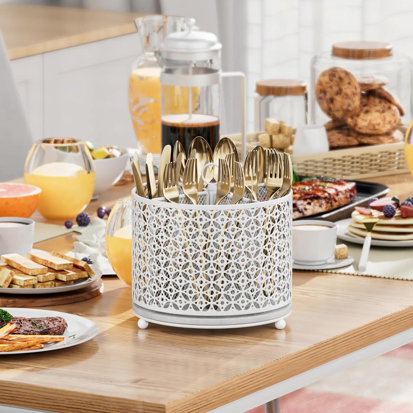 360° Rotating Kitchen Utensil Holder - Fast-Drying Utensils Caddy - 4 Compartment Flatware Silverware Organizer High Raised Cutlery Holder with Handle for Kitchen Countertop Party Picnic Table White