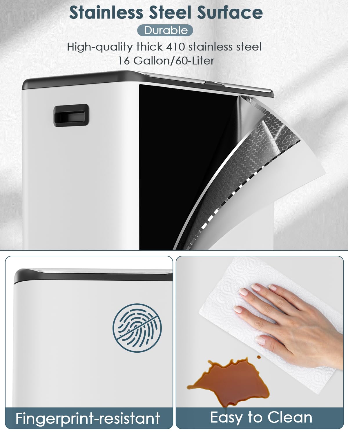 Arlopu 16Gal Dual Trash Can w/2 Built-in Box for Odor Control, Hands-Free Kitchen Garbage Bin, Recycle Waste Dustbin, Soft-Close Lid, 2 Buckets,Foot Pedal, Side Handle, Airtight,for Home Office