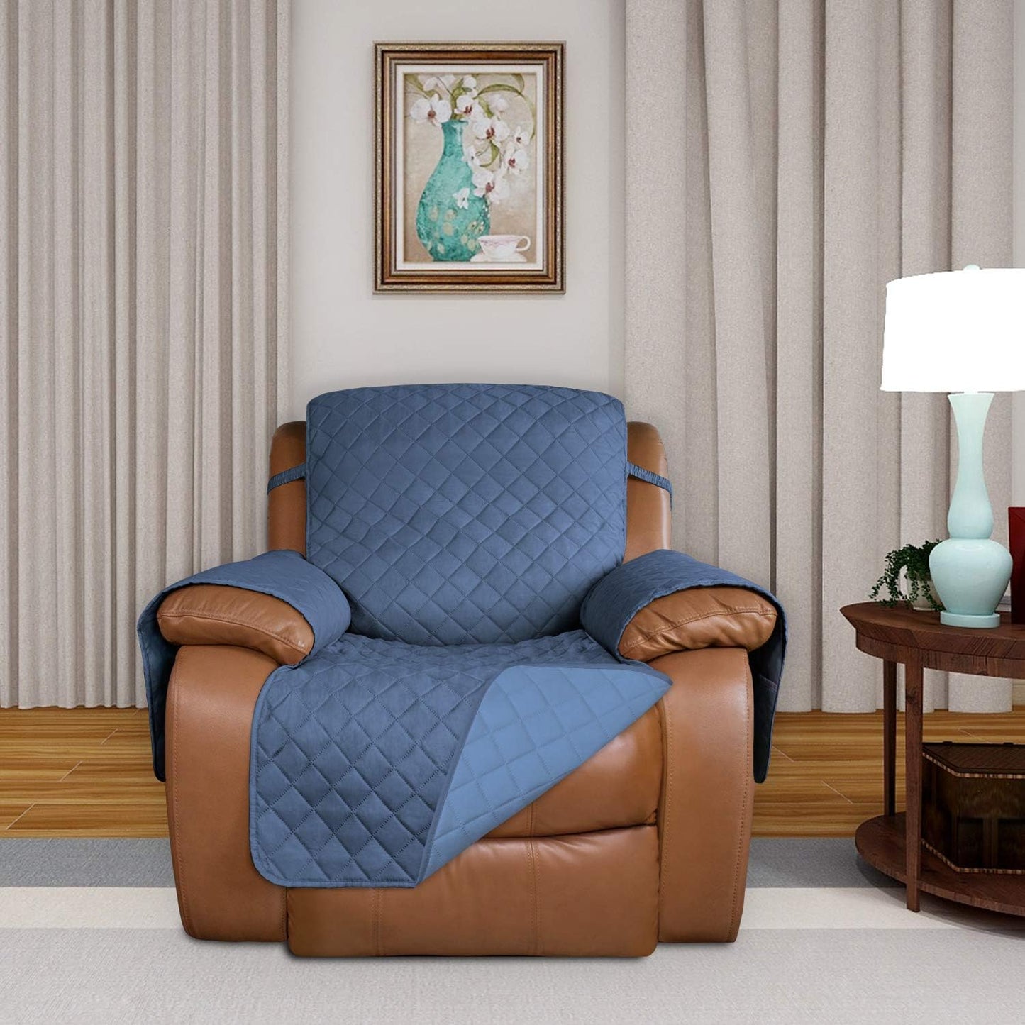 PureFit Reversible Quilted Sofa Cover, Water Resistant Slipcover Furniture Protector, Washable Couch Cover with Non Slip and Elastic Straps for Kids, Dogs (Oversized Recliner, Dark Blue/Light Blue)