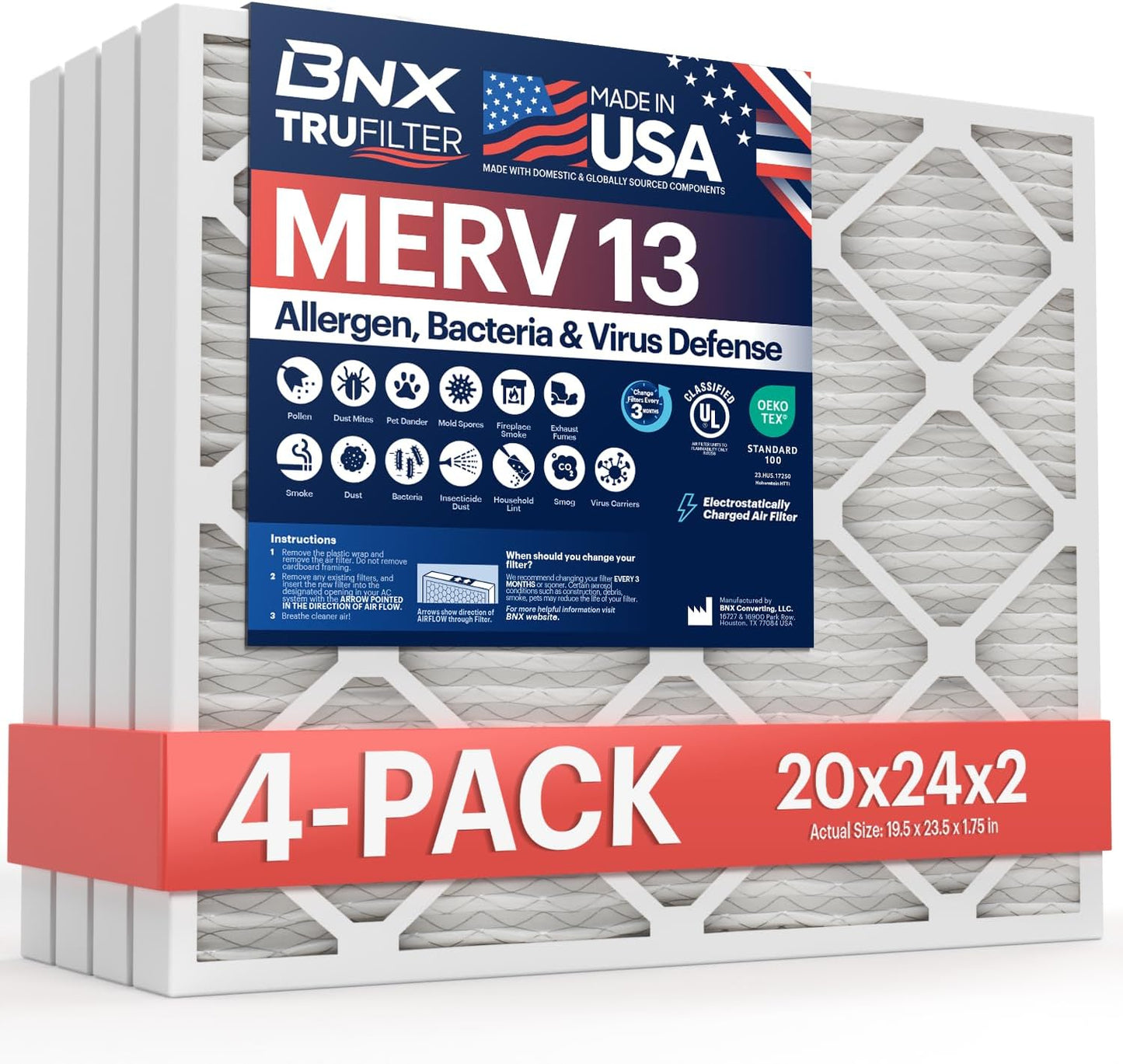 BNX TruFilter 20x24x2 Air Filter MERV 13 (4-Pack) - MADE IN USA - Electrostatic Pleated Air Conditioner HVAC AC Furnace Filters for Allergies, Pollen, Mold, Bacteria, Smoke, Allergen, MPR 1900 FPR 10