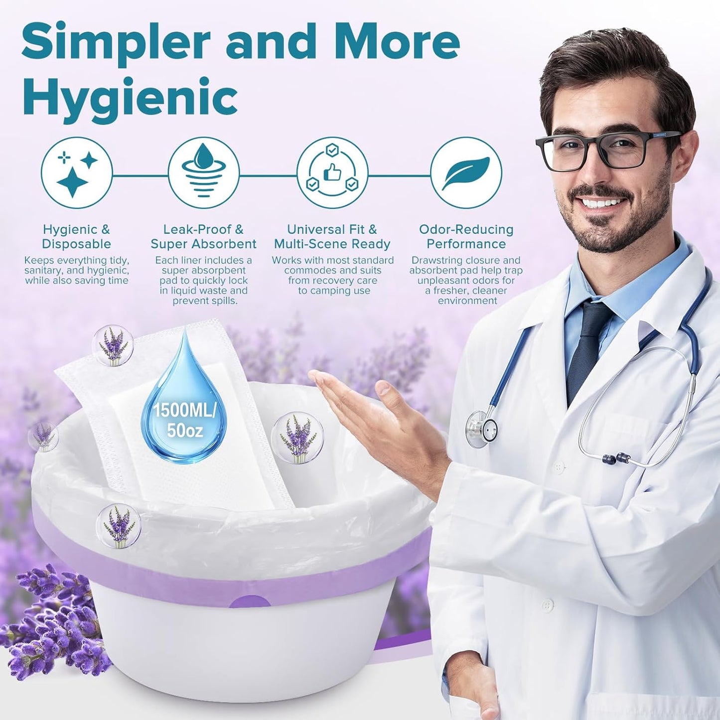 Maliton 120 Commode Liners with Absorbent Pads, Portable Toilet Bags for Bedside Commode Toilet, Lavender Scent Leakproof Bags Fit Most Commode Chairs and Potties (120 Potty Bags+120 Potty Liners)