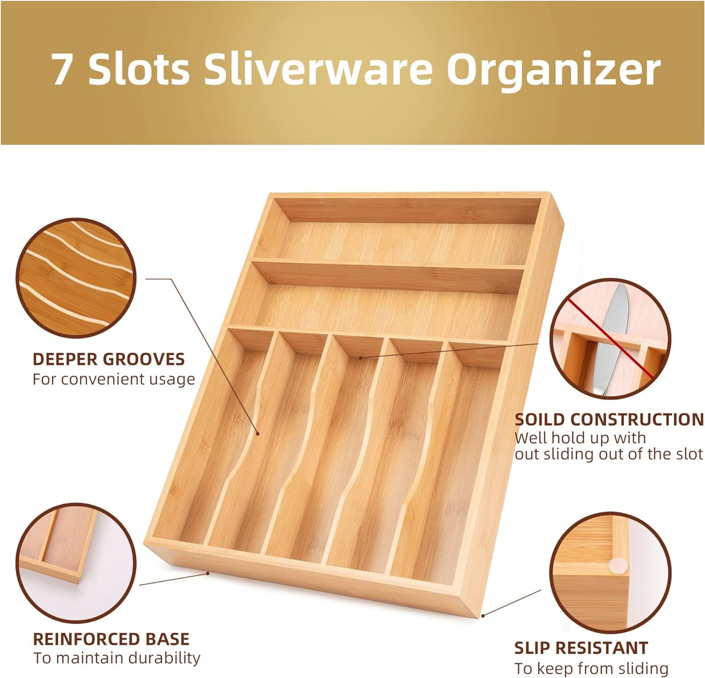 Silverware Organizer Bamboo Kitchen Drawer Organizer Utensil Organizer Silverware Holder Cutlery Organizer in drawer Flatware Organizer Tray (Natural 7 Slots)