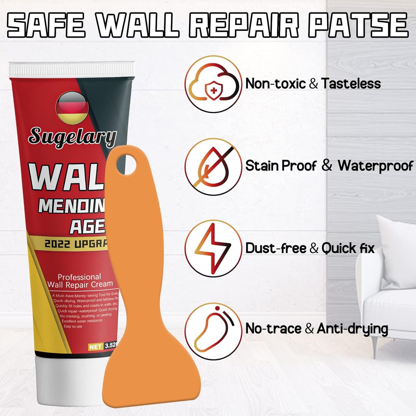 Drywall Patch Repair Kit with Scraper, White Wall Mending Agent with 2 Pcs Aluminum Drywall(2 inches), Plaster Dent Repair and Wood Scratch Repair