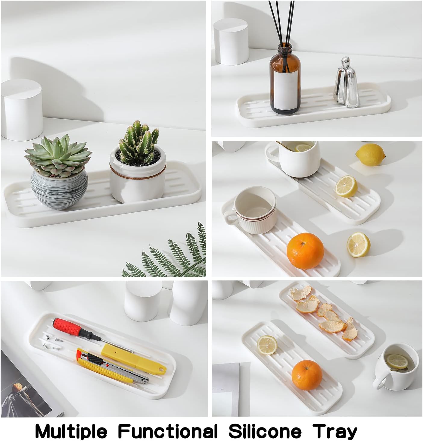 Silicone Kitchen Sink Organizer Tray for Multiple Usage,Eco-Friendly Sponges Holder for Kitchen Bathroom Counter or Sink,Dish Soap Dispenser,Scrubber,Bottle,Cup (White, 12"×4")