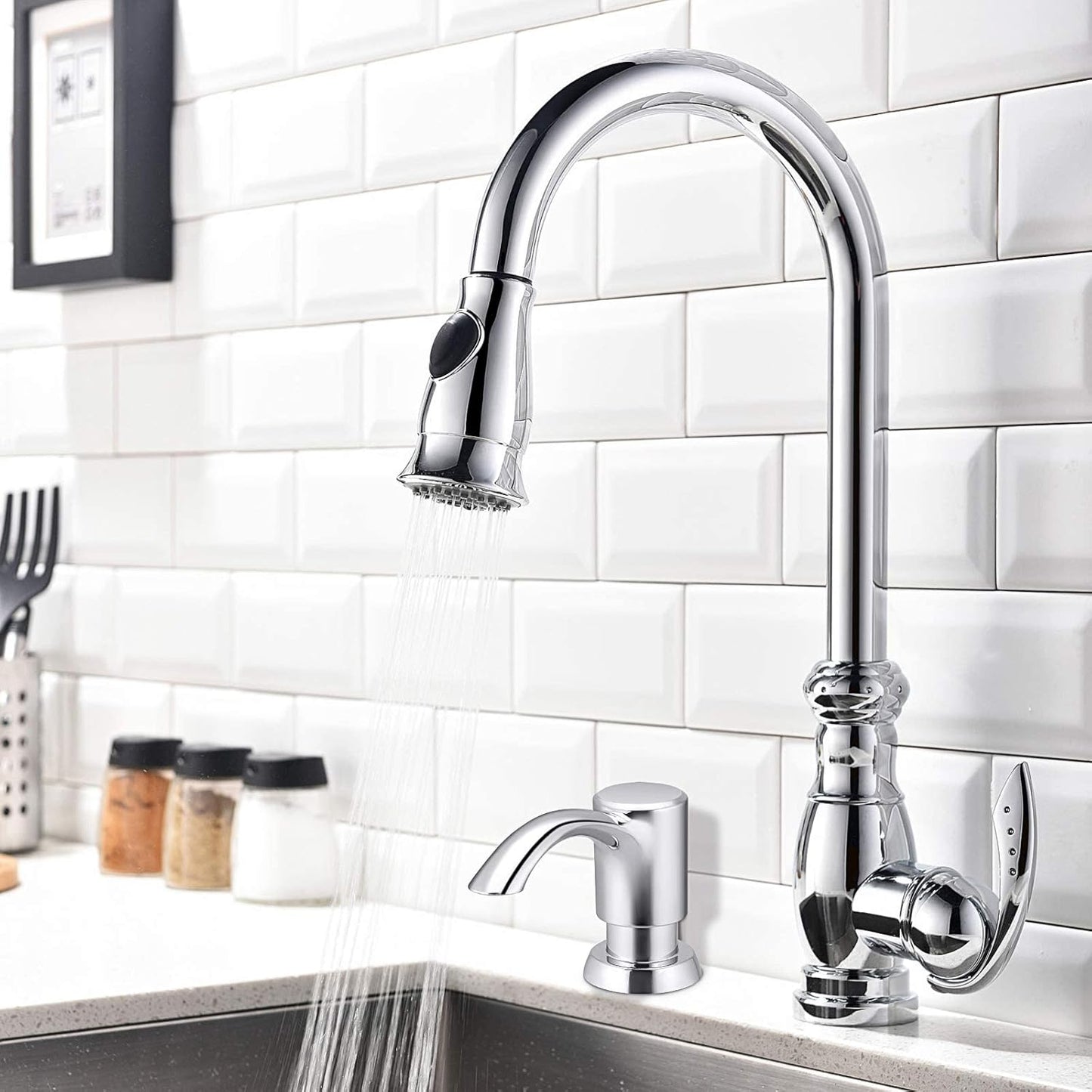 SAMODRA Built in Kitchen Sink Soap Dispenser (Chrome) with 12 oz Large PET Lotion Bottle, Refill from Top