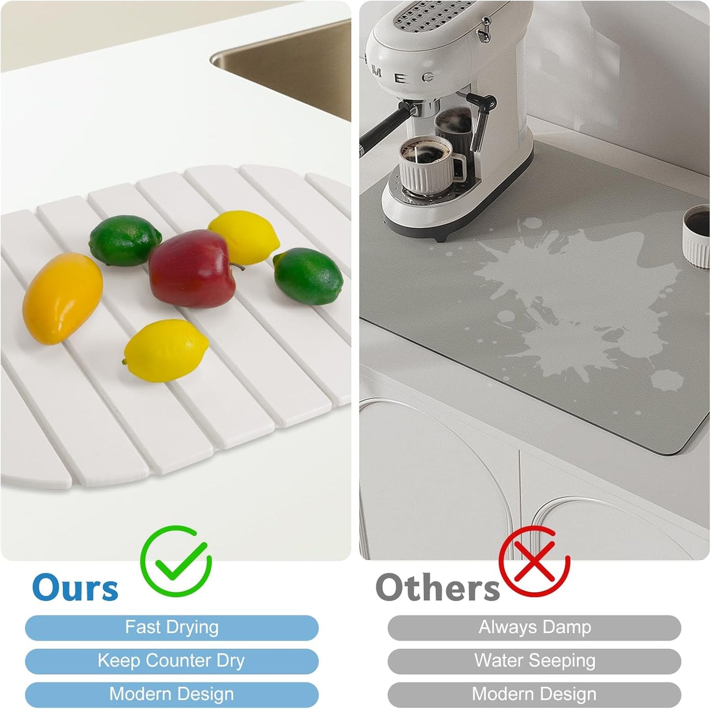 Stone Drying Mat for Kitchen Counter , Foldable 24"x16"Large Absorbent Diatomaceous Earth Dish Drying Mat, Quick Dry & Eco-Friendly for Dishes, Bottles, Cups Bathroom Any Countertop Non-Slip Mat