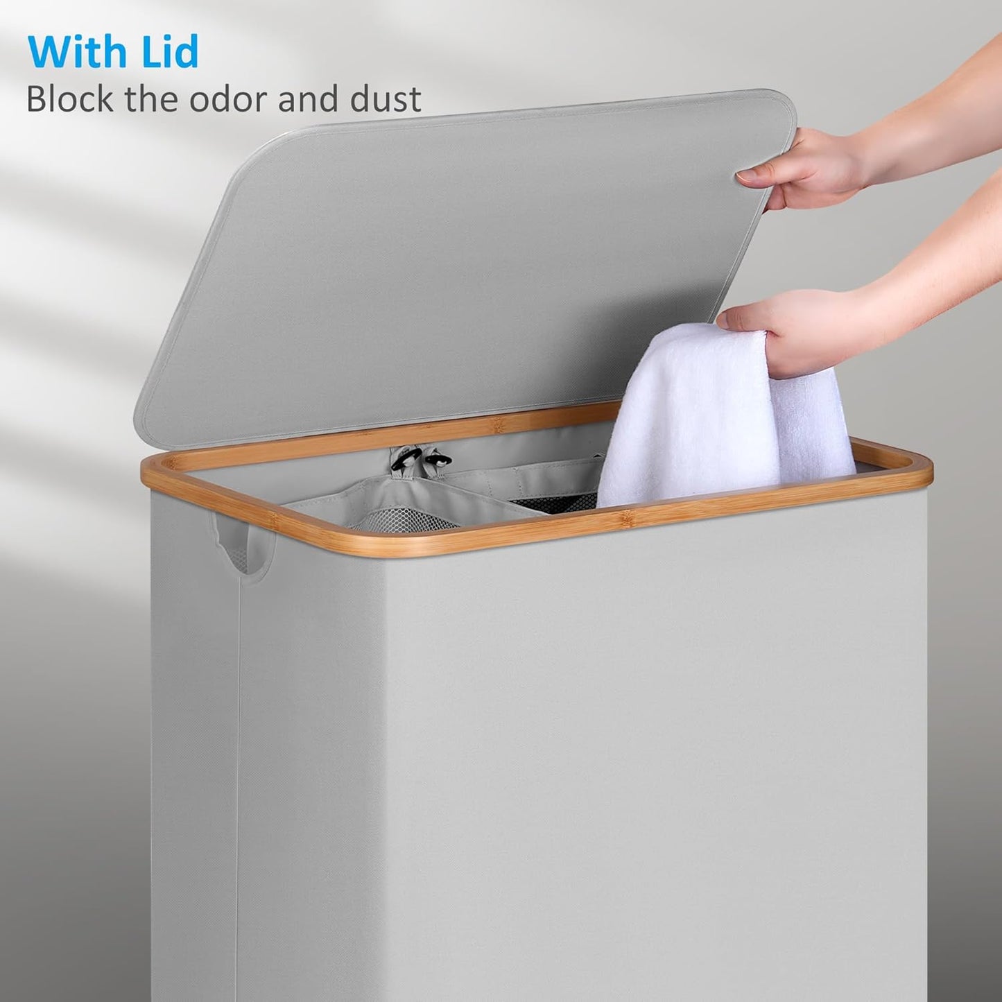 Double Laundry Hamper with Lid, Divided Laundry Hamper with Removable Bags, 2 Section Dirty Clothes Basket with Handles for Bathroom, Bedroom & Laundry Room, 160L Dove Gray