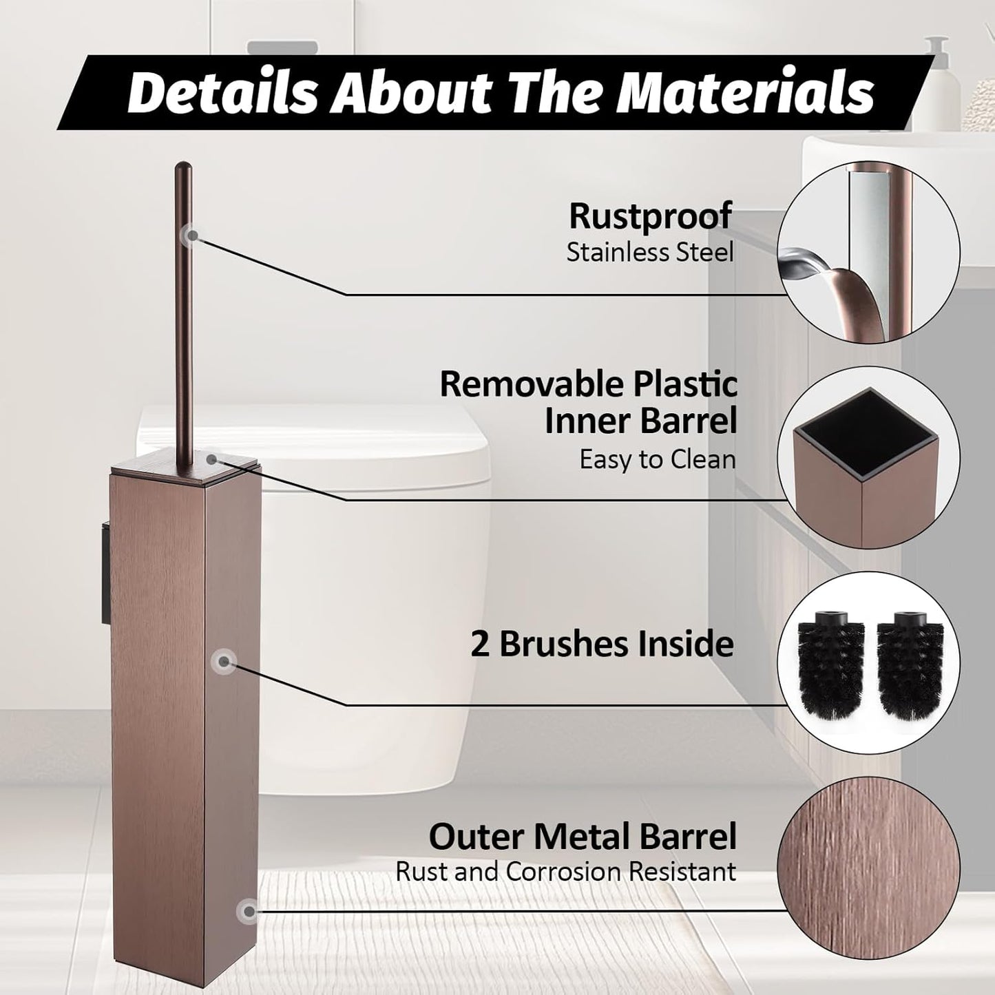 BGL Toilet Brush and Holder Set Rose Gold Wall Mounted for Bathroom Square Design