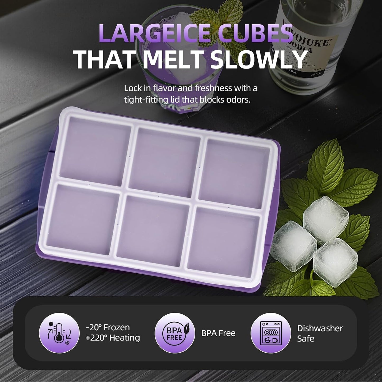 Large Ice Cube Trays for Whiskey (2 Pack) - Silicone Ice Cube Molds with Steel Frame Reinforcement & Lid, 2-Inch Square Ice Cubes for Whisky, Cocktails, Coffee, Tea - Easy Release