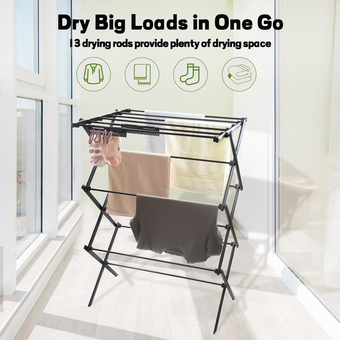 3 Tiers Foldable Clothes Drying Rack, Vertical Laundry Rack Portable and Collapsible for Storage Indoor Outdoor，Pure Black