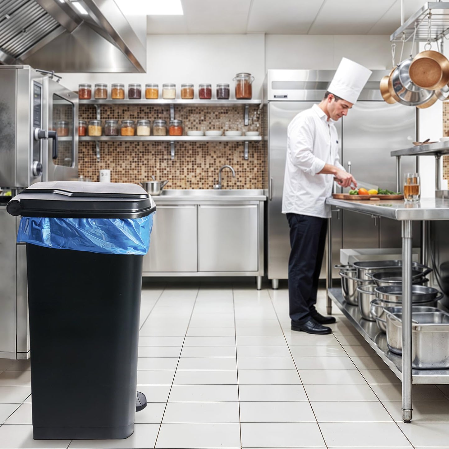 27 Gallon Step-On Trash Can/Container, Black Plastic Dustbin with Lid and Foot Pedal, Hands-Free Disposal