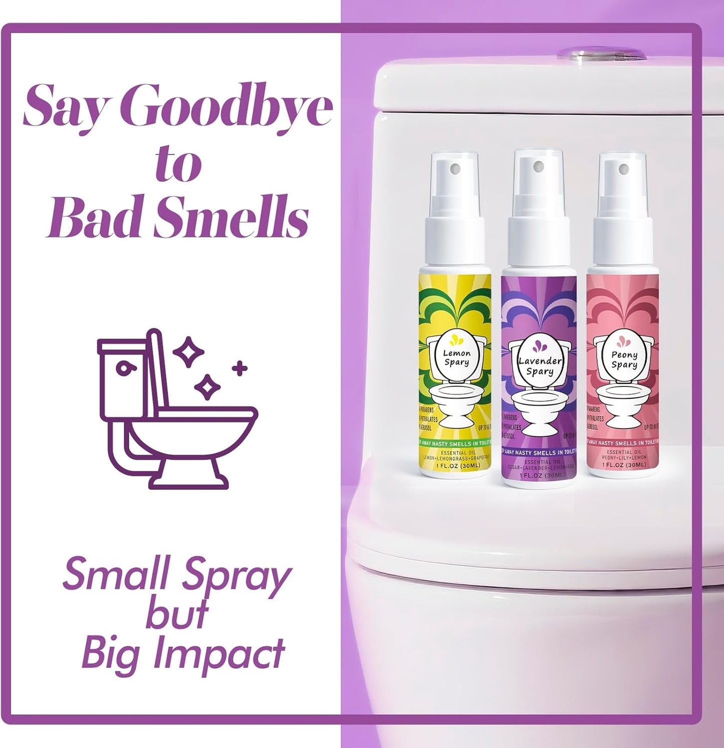Toilet Spray for Poop 3 Pack, Travel Size Variety, Bathroom Odor Eliminator - Lemon Lavender Peony