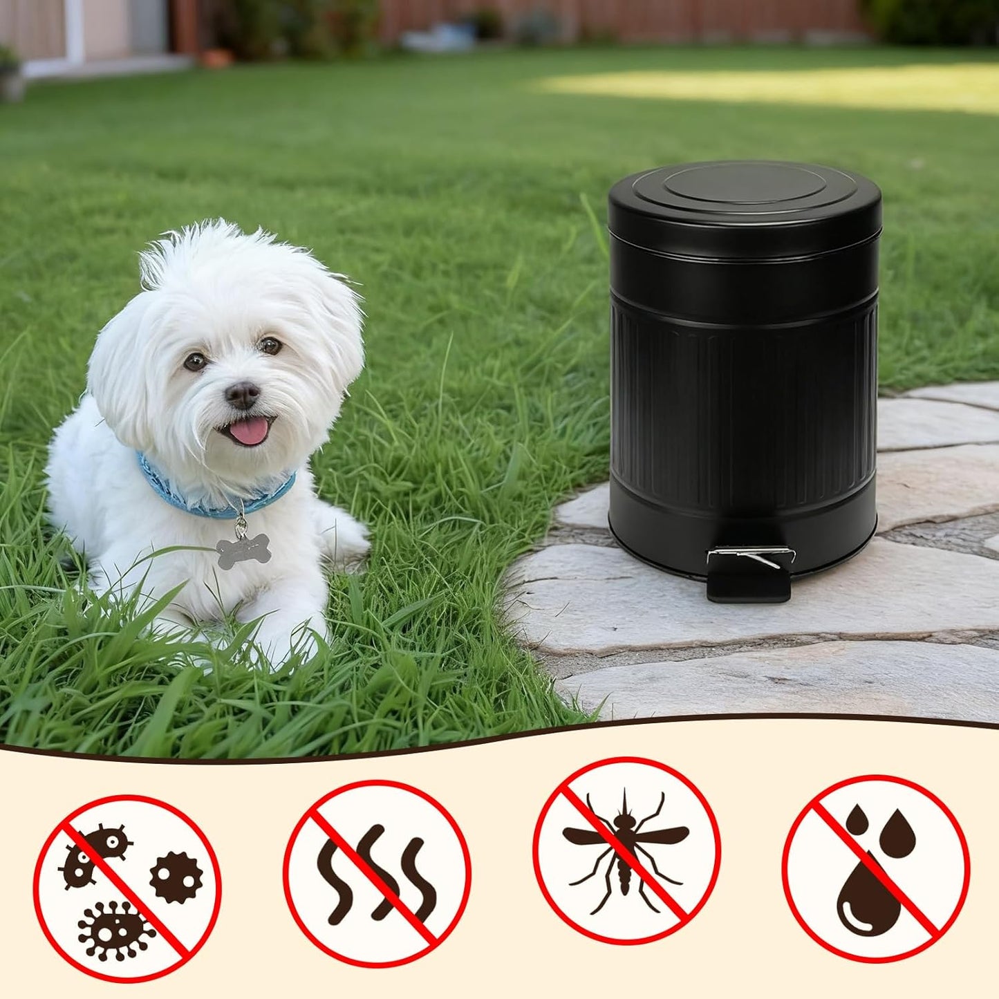 5L/1.3 Gal Dog Poop Trash Can with Lid - Stainless Steel Outdoor Pet Waste Bin, Step Pedal Soft Close Garbage Can for Backyard, Bathroom, Office - Odor Control, Farmhouse Retro Style (Black)