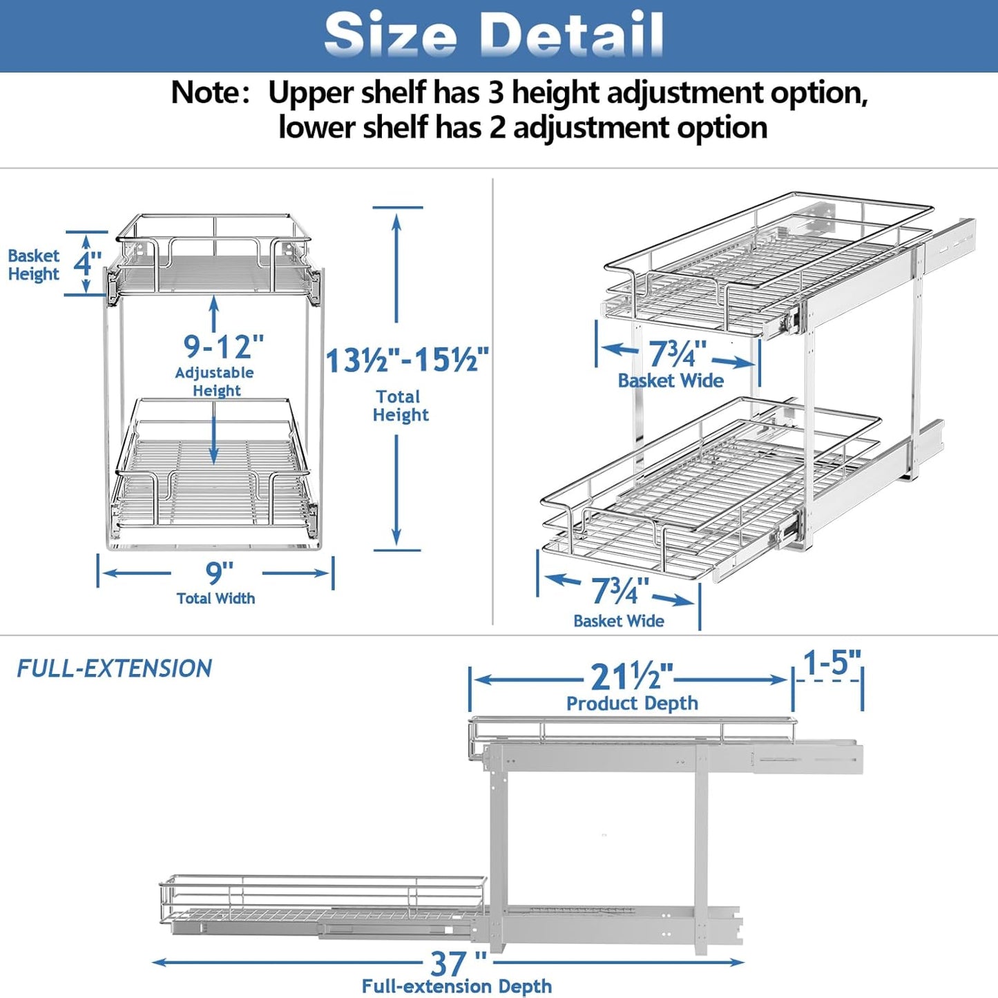 2 Tier Individual Pull Out Cabinet Organizer 9" W x 21½" D, Heavy Duty Cabinet Pull Out Shelves, Slide Out Drawers Organization for Kitchen Cabinets Bathroom