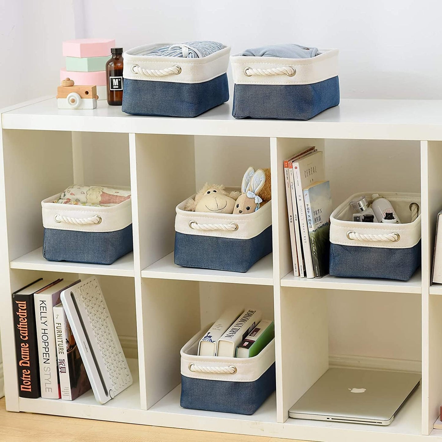 TcaFmac Organization and Storage Cubes - 12x8x5.2 inch Small 6 Pack Collapsible Storage Bins for Sheves, Fabric Storage Basket for Gifts Empty for Closet Cloth Toy Kids Books(White & Jean Blue)