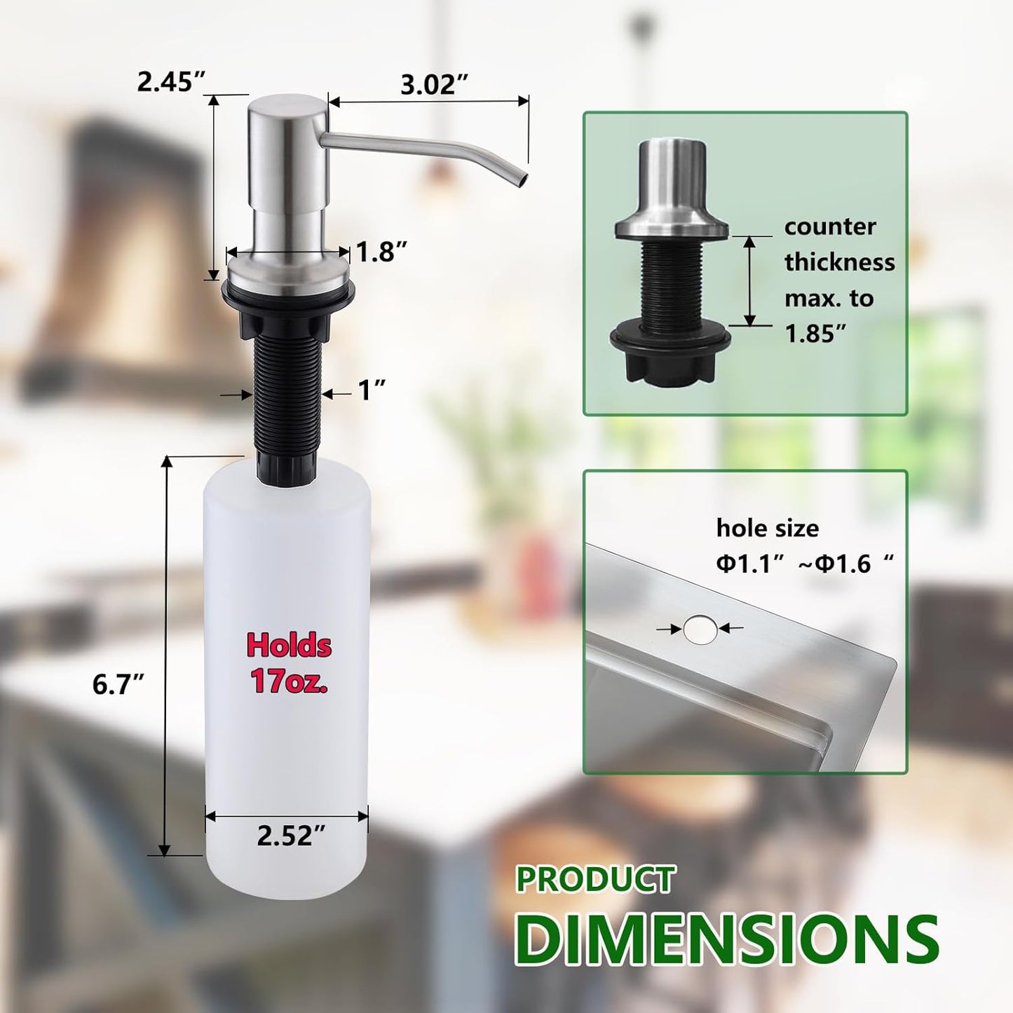 Built in Soap Dispenser for Kitchen Sink, Stainless Steel Brushed Nickel Countertop Pump Head, Dish Soap Hand Lotion Dispenser with Refillable 16.9oz Bottle