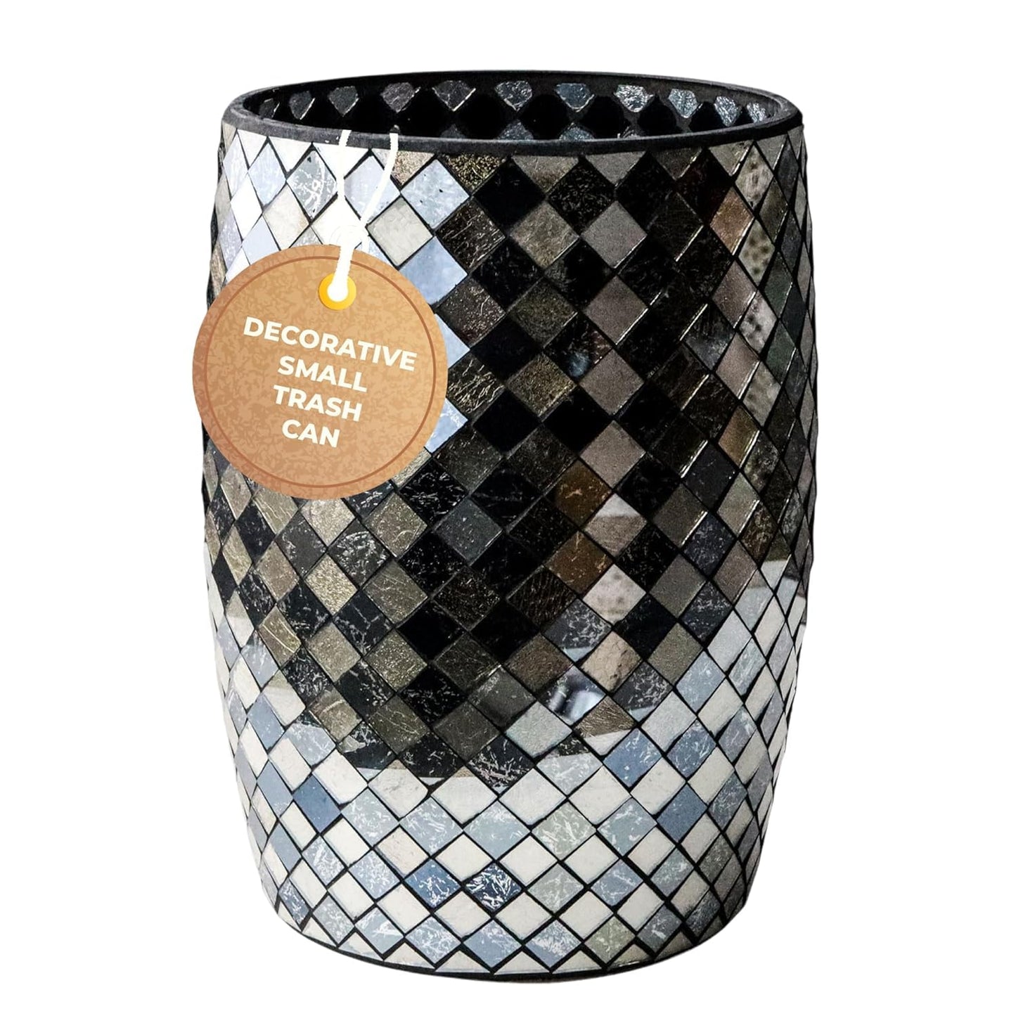Escenzy Modern Bathroom Trash Can Mosaic Glass 5L | Decorative Small Garbage Can | 7" x 10" | Luxury Waste Basket for Restroom, Office, Bedroom & Kitchen | Shiny Black and Gold Bathroom Accessories
