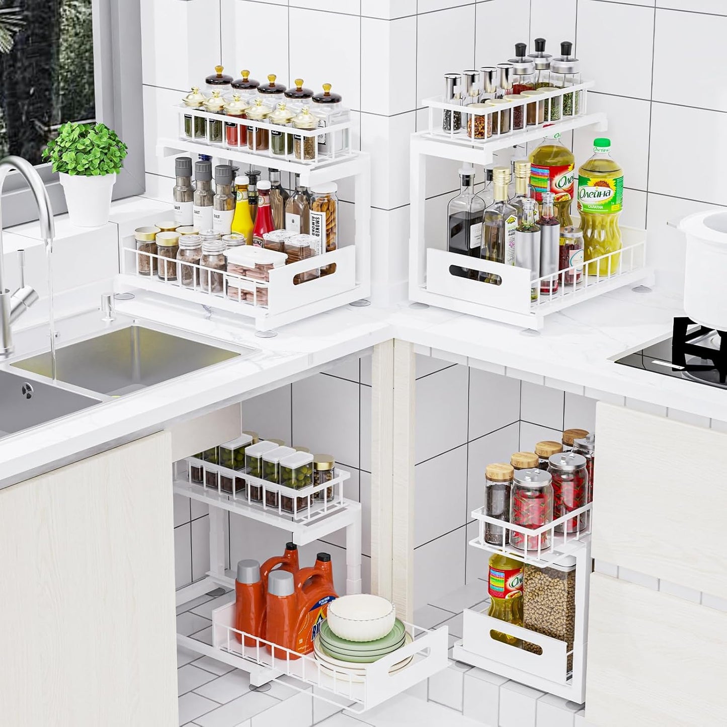 Under Sink Organizer Storage 2-Tier Heavy Duty Metal Pull Out Cabinet Organizer Slide Out Sink Shelf Organizer Height Adjustable, Multi-Purpose Storage Shelf for Kitchen Bathroom (White, 1 Pack)