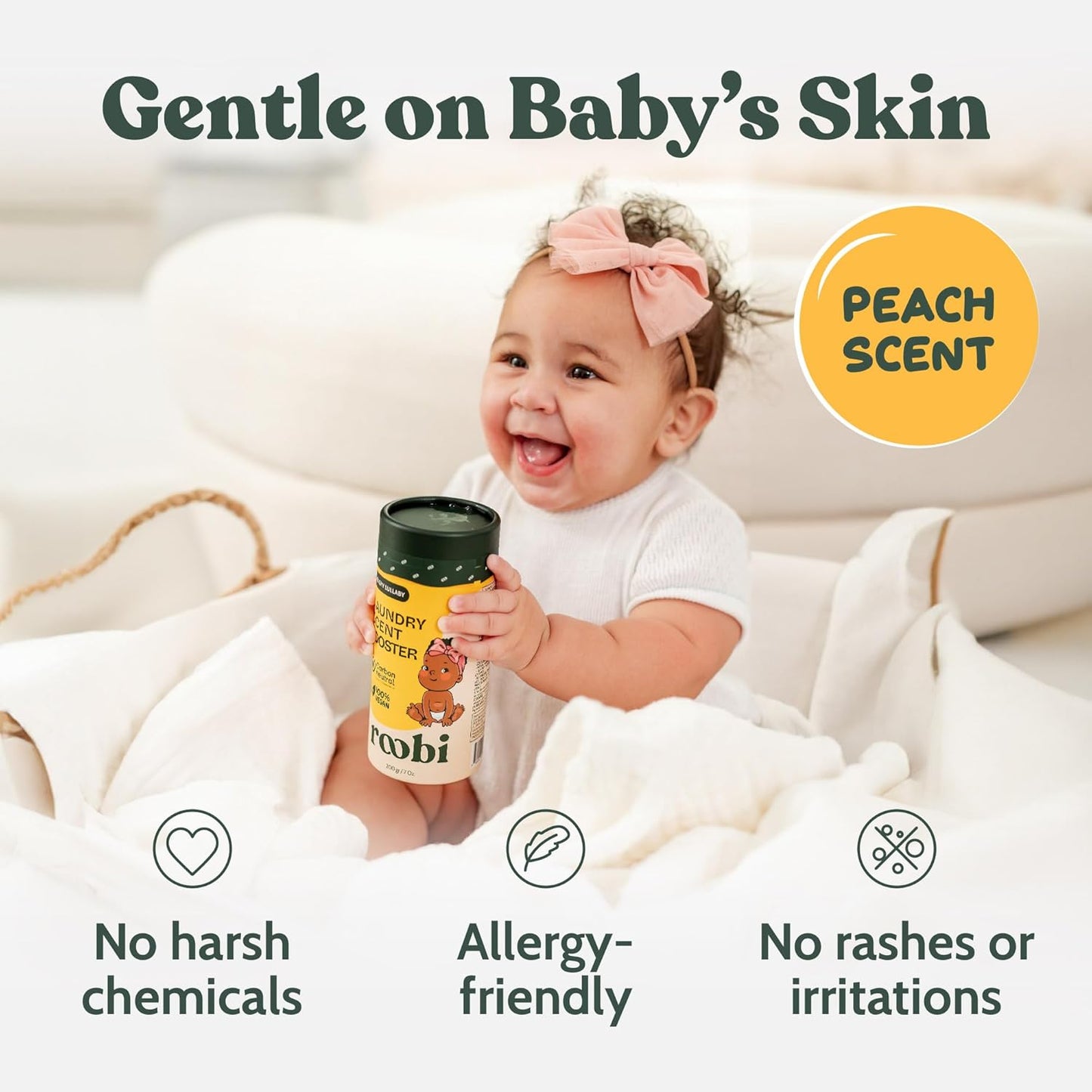 Roobi Baby Laundry Scent Booster. Peachy Lullaby Fragrance Beads. Specially Formulated for Baby's Sensitive Skin. Up to 20 Washing Cycles. Carbon Neutral, 100% Vegan.