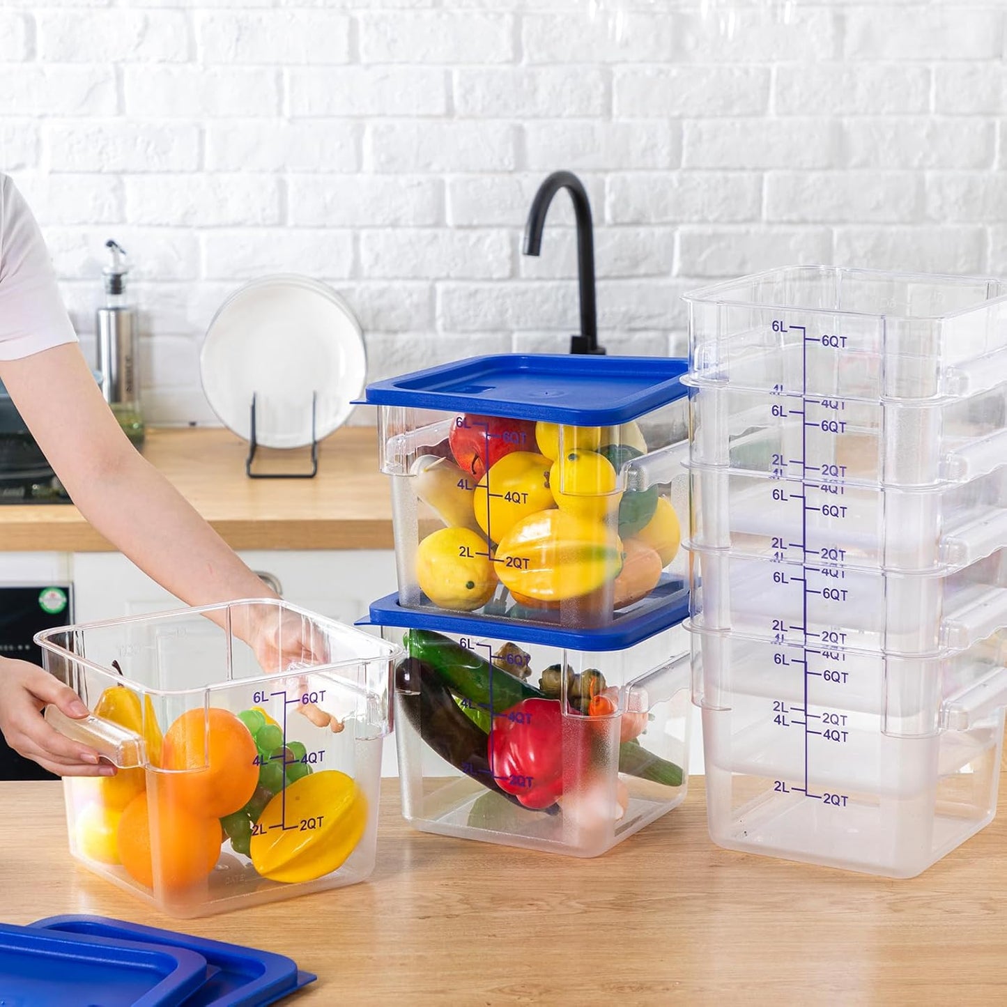 Lallisa 8 Pack 6 Qt Commercial Food Storage Containers with Lids Square Food Storage Container Clear Cereal Storage Containers for Kitchen Freezer Pantry Restaurant Flour Sugar(Blue Lids)