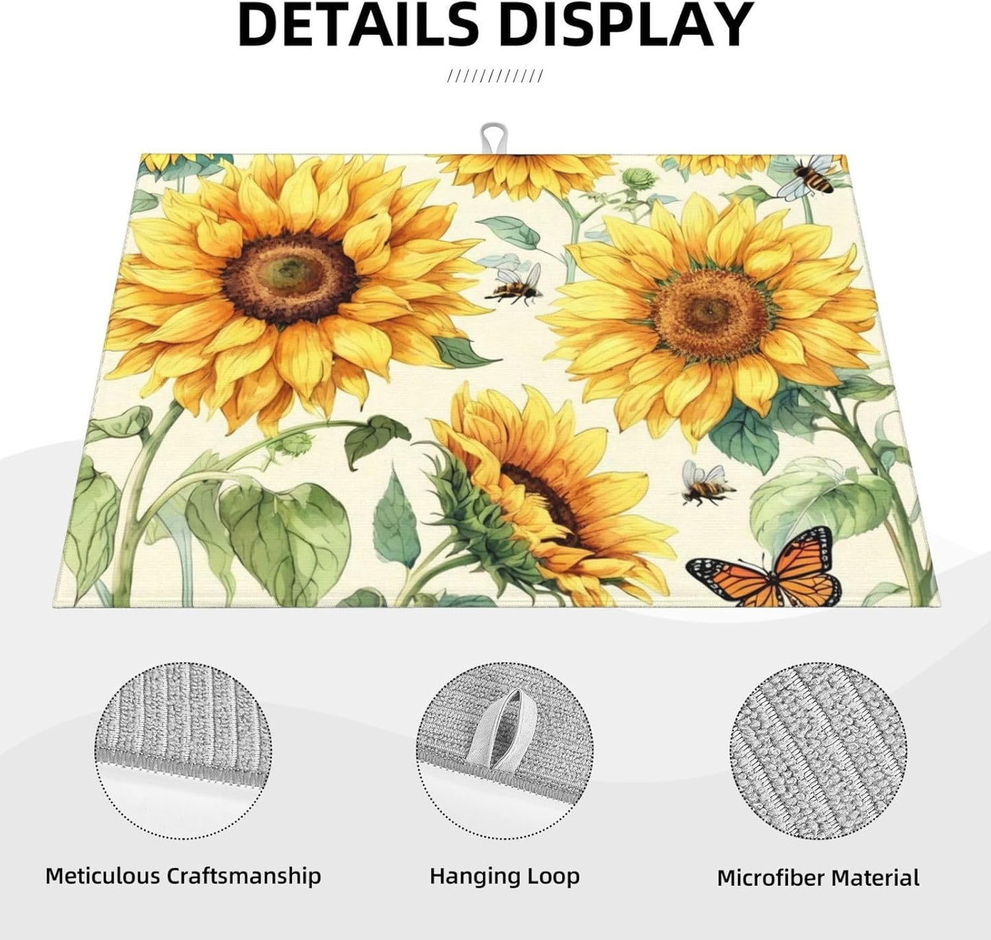 Sunflower Dish Drying Mat Highly Absorbent Double-Sided Microfiber with Hanging Loop Reversible Drain Dish Rack Mat Drain Mat Suitable for Kitchen Countertop Coffee Bar 18 x 24 Inch