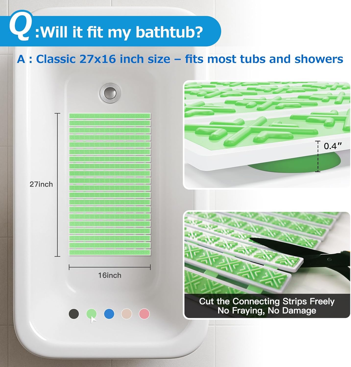 Matace Non Slip Rubber Bathtub & Shower Mat with Suction Cups, Thick Textured Surface, Fast Drain and Upright Drying Design, No Pooling Water for Better Hygiene, 27 x 16 Inch, Mint Green