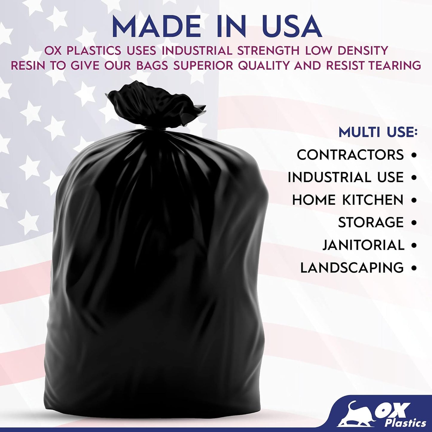 Ox Plastics 60 Gallon Trash Can Liners Bags - 50 Count Capacity & 2mil Thick Extra Heavy Duty Strength -Large Garbage, Leak-Proof & Durable Bag Black