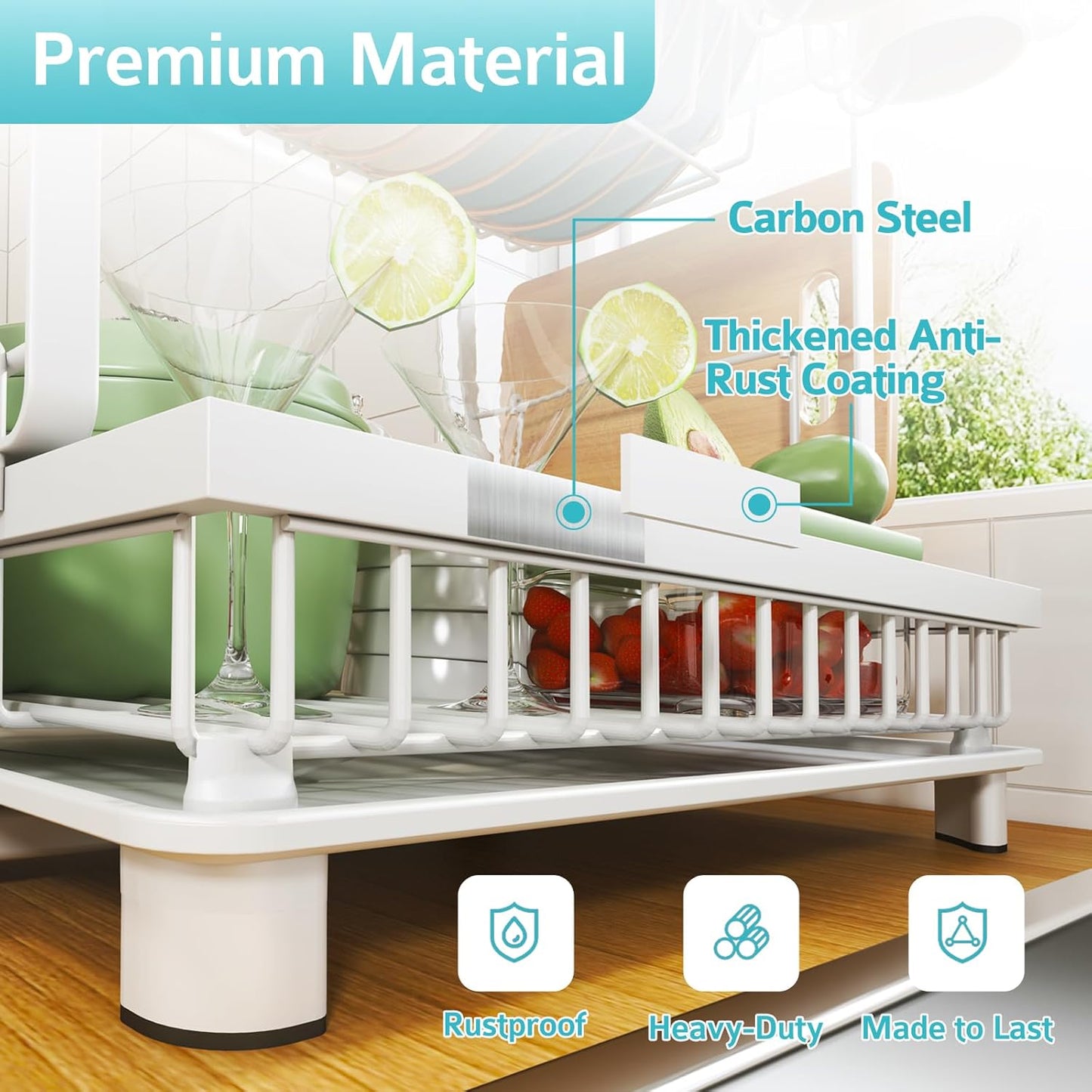 Multifunctional Dish Drying Rack - Rustproof, 2-Tier Dish Racks with Drainboard, Space-Saving Design, Utensil & Cup Holder for Kitchen Counter, White