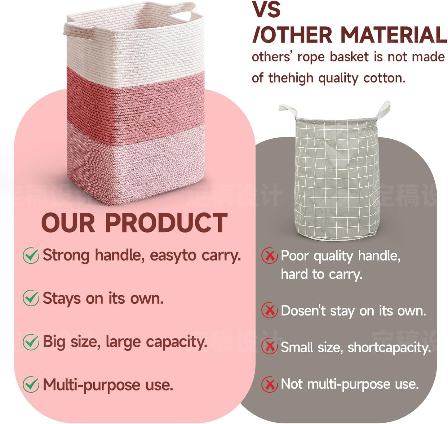 CLHMILY&Z 75L Laundry Hamper Rectangular Pink Rope Basket - 16x13x22 Inches - Dirty Clothes Storage Soft Organizer Bin for Blankets, Toys, and Nursery Essentials