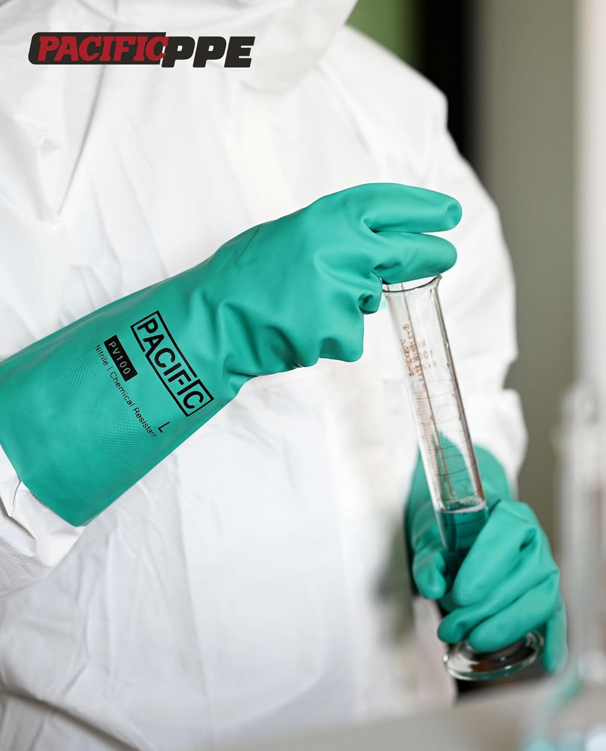 PACIFIC PPE 2 Pairs Nitrile Chemical Resistant Gloves, Flocked, Resist Strong Acid, Alkali, 15 mil, 12.6", Large