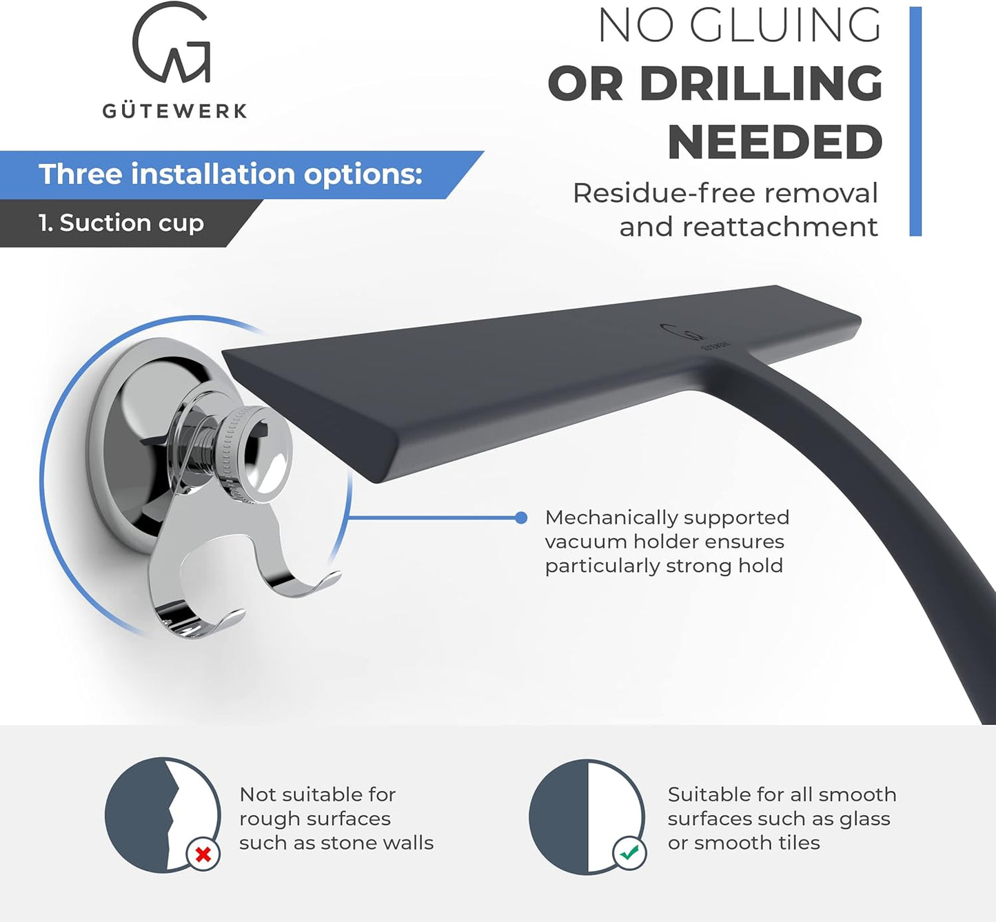 GÜTEWERK Shower Squeegee for Glass Doors, Silicone Window Squeegee, Bathroom and Glass Cleaning - Black - 11 Inch