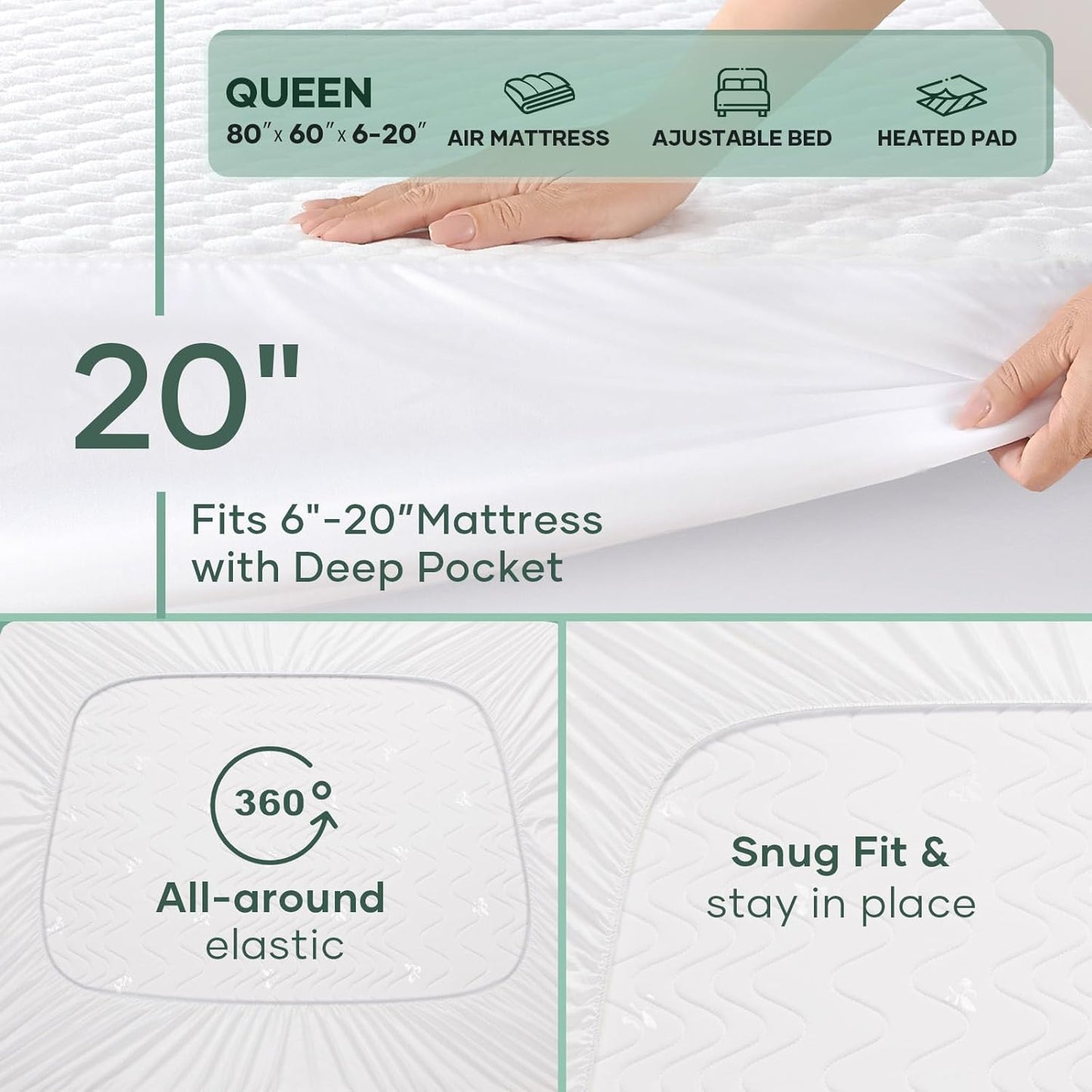 Ohgeni 100% Waterproof Mattress Protector, Queen Size-2 Pack, Fitted Sheet with Stretchable Pockets, Deep Sleep Noiseless Soft. Breathable Cooling Hypoallergenic Material, Mattresses Cover for Bed