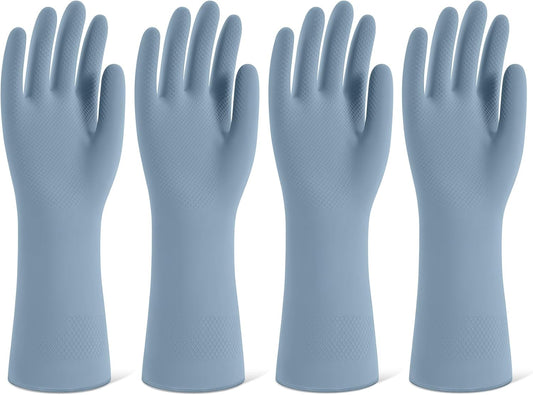 Rubber Cleaning Gloves for Dishwashing, 4 Pairs Reusable Kitchen Gloves for Washing Dishes and Household Cleaning, Blue Dish Gloves with Flocked Lining and Non-Slip Grip, Pefect for Woman Men - M