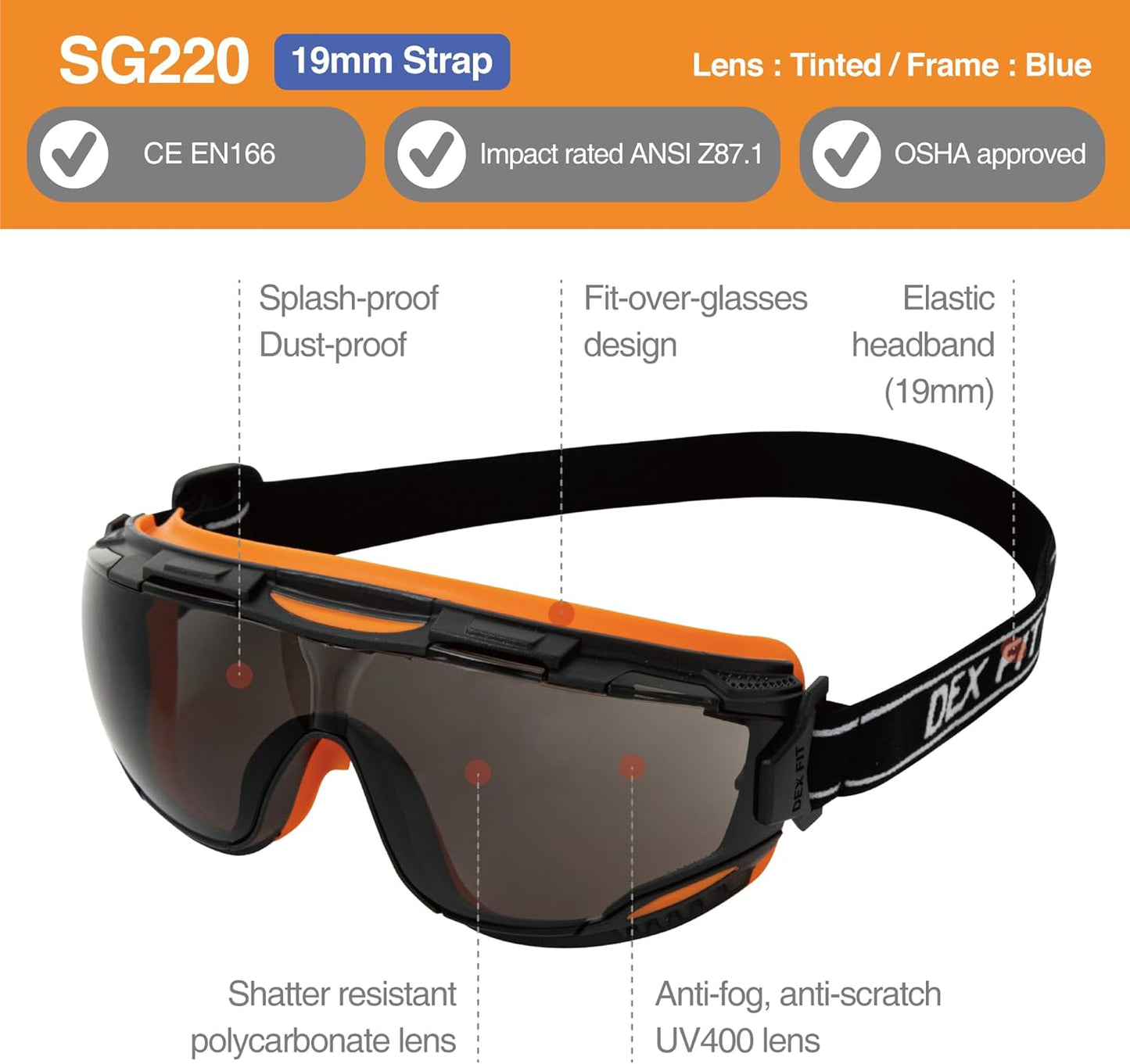 DEX FIT Protective Safety Goggles SG220; Anti Fog & Scratch, Z87 Eye Protection for Work, Adjustable for Women and Men, (Black & Orange Frame, Tinted Lens, 19cm Strap)