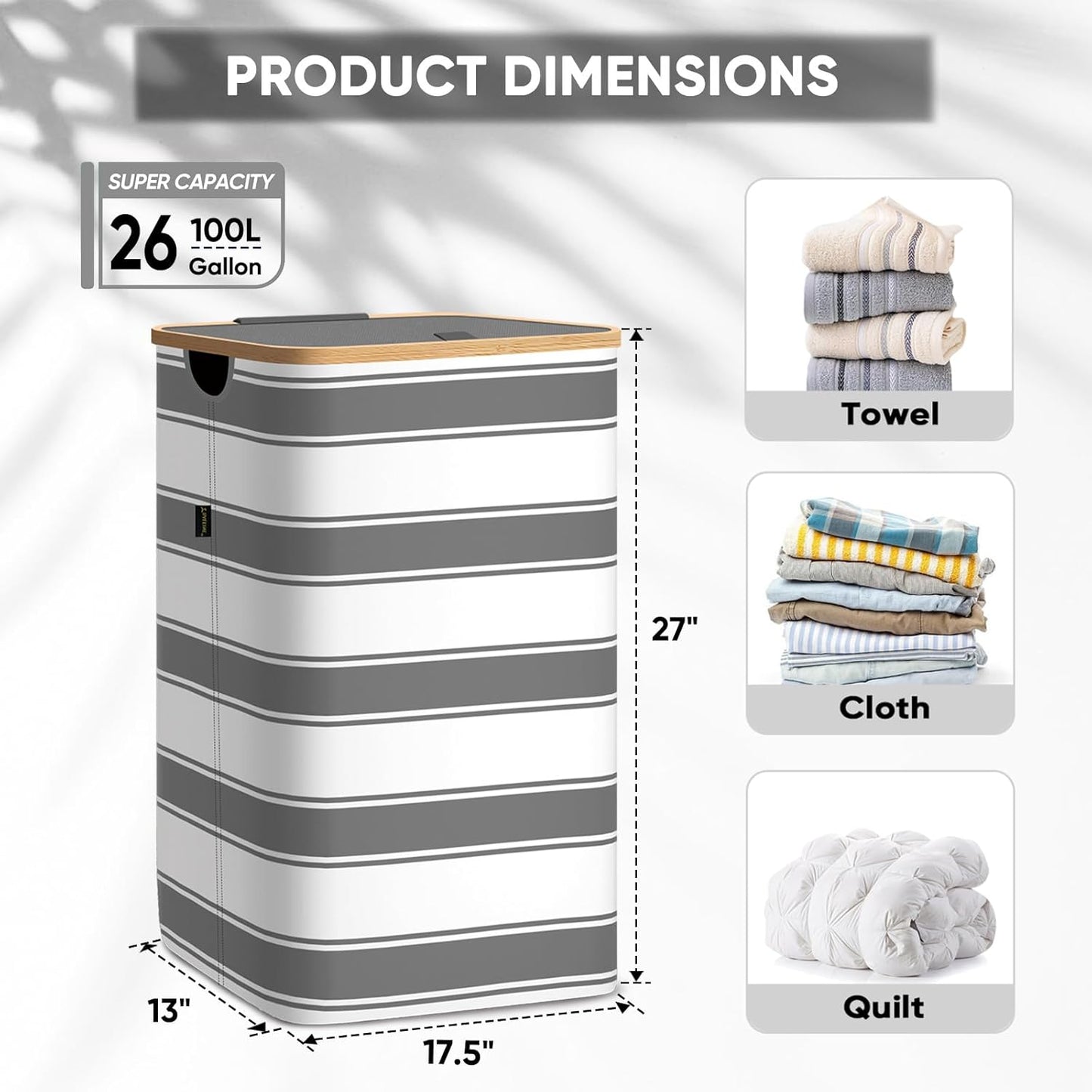 BALEINE Laundry Hamper with Lid, Tall Laundry Baskets with Bamboo Pull Handles, Large Laundry Bin with Internal Support (26 Gal/100L, Grey Stripe)